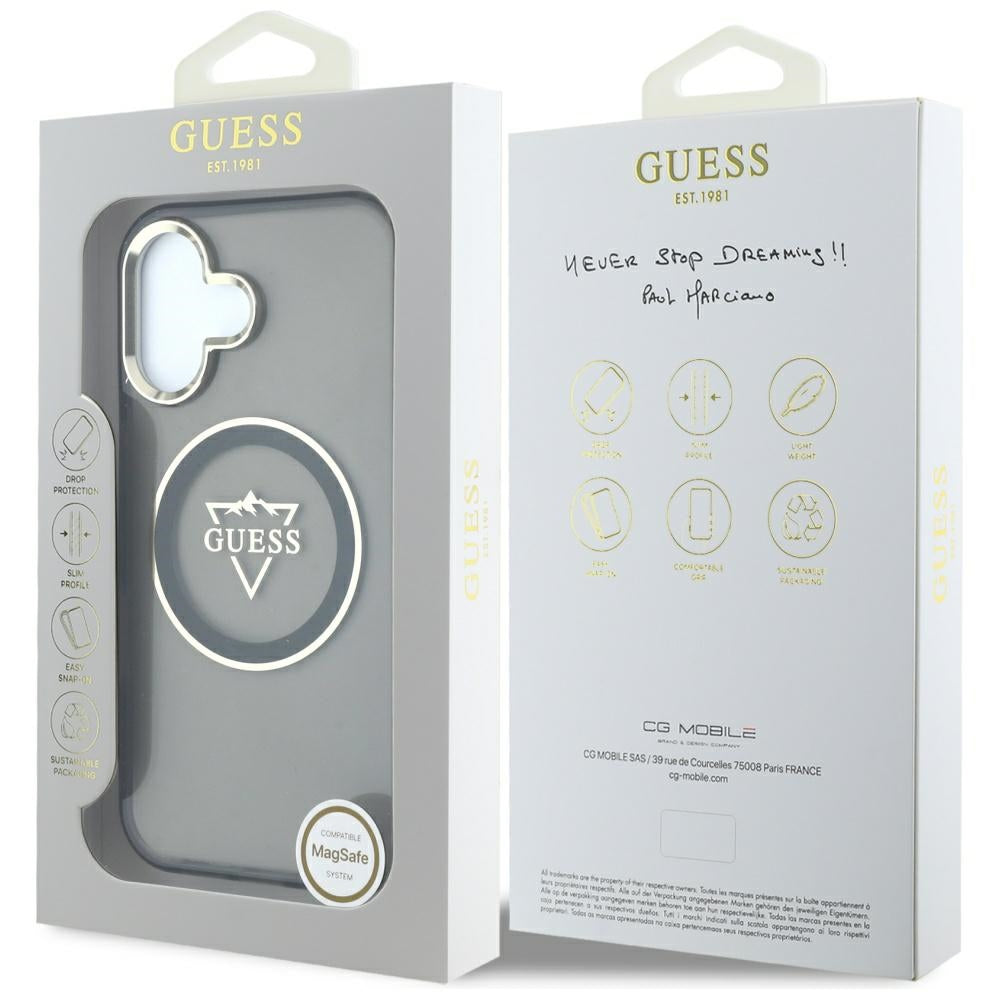 MagSafe Hülle für Apple iPhone 16, Guess, IML Metal Mountain Logo, Schwarz