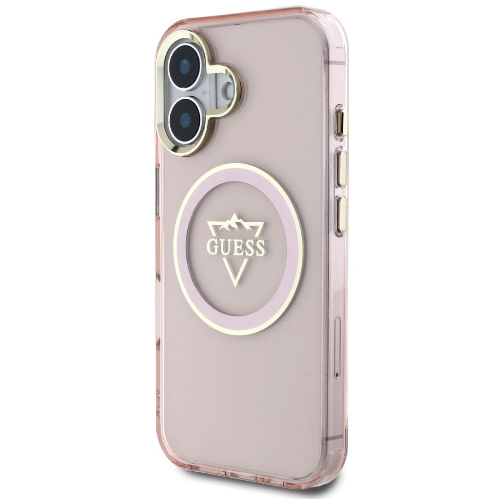 MagSafe Hülle für Apple iPhone 16, Guess, IML Metal Mountain Logo, Rosa