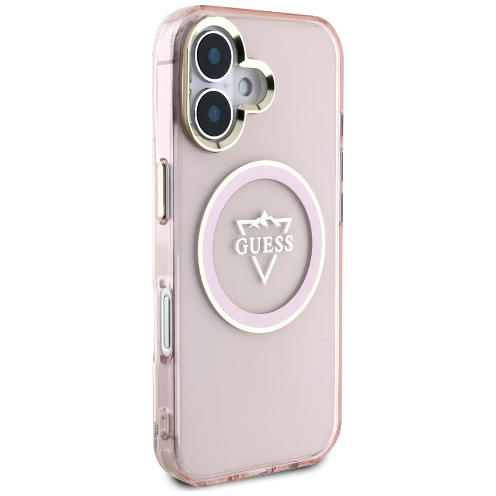 MagSafe Hülle für Apple iPhone 16, Guess, IML Metal Mountain Logo, Rosa
