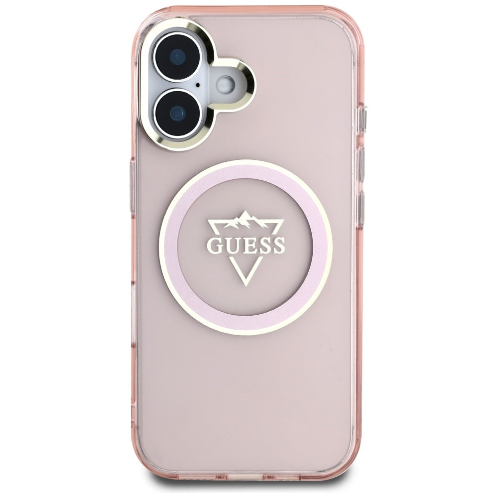 MagSafe Hülle für Apple iPhone 16, Guess, IML Metal Mountain Logo, Rosa