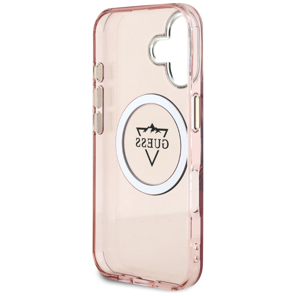 MagSafe Hülle für Apple iPhone 16, Guess, IML Metal Mountain Logo, Rosa