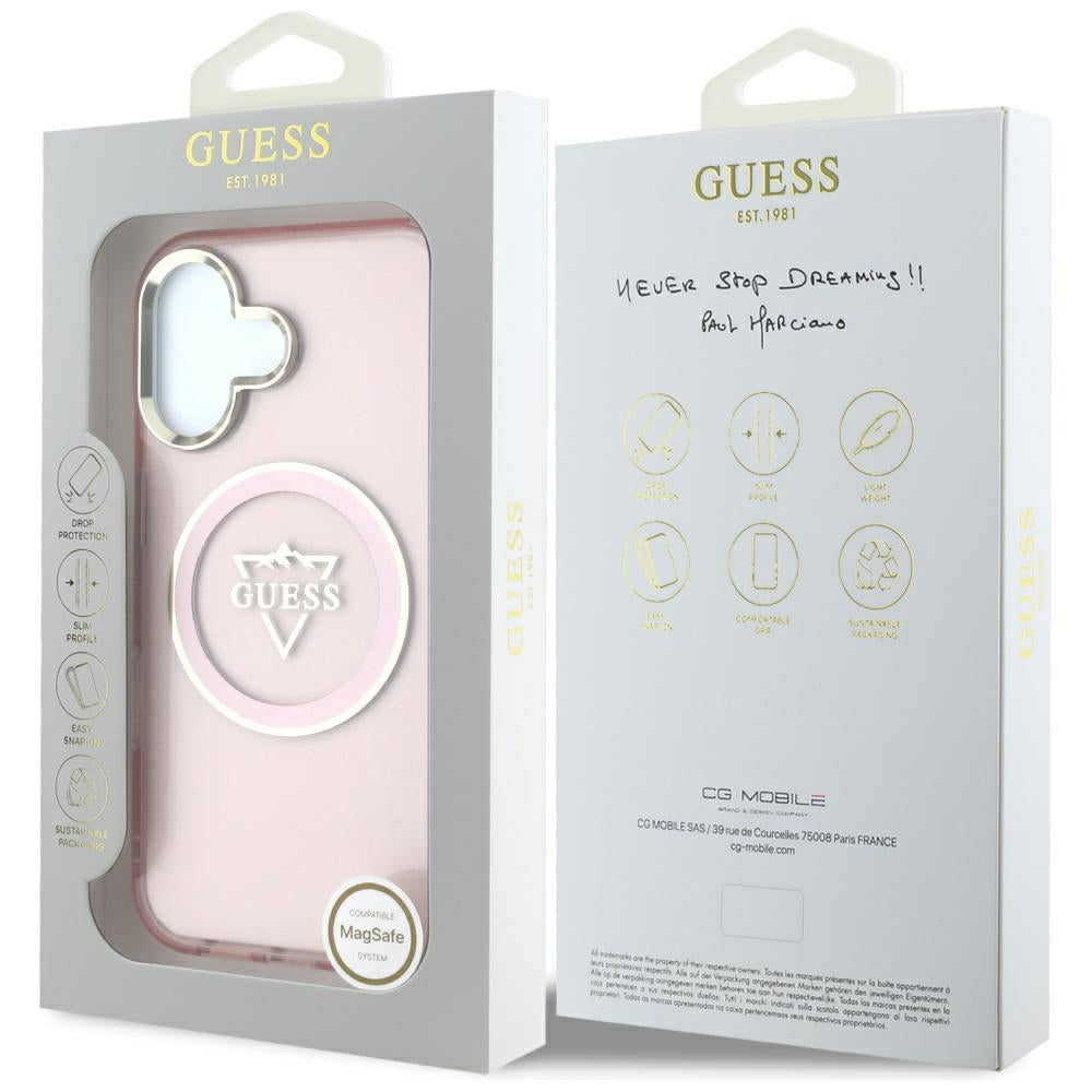 MagSafe Hülle für Apple iPhone 16, Guess, IML Metal Mountain Logo, Rosa