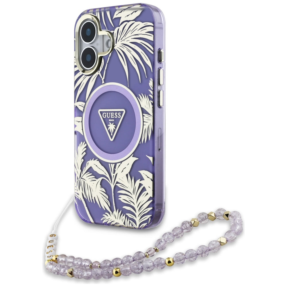 MagSafe Hülle für Apple iPhone 16, Guess, IML Palm Trees Triangle mit Perlenband, Lila