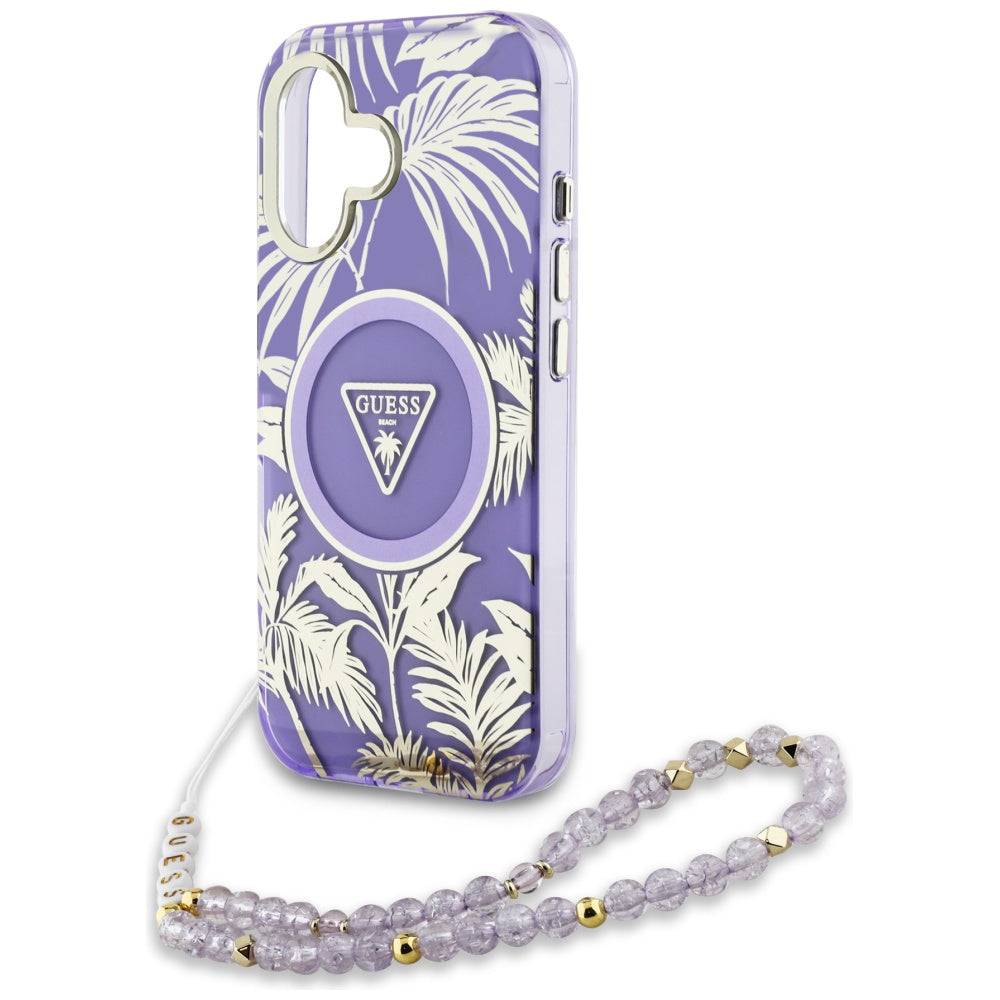 MagSafe Hülle für Apple iPhone 16, Guess, IML Palm Trees Triangle mit Perlenband, Lila