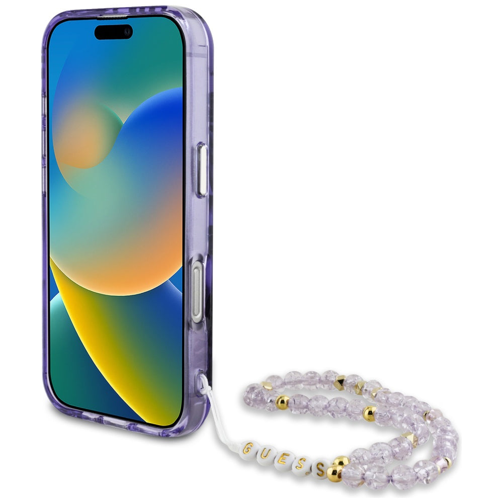 MagSafe Hülle für Apple iPhone 16, Guess, IML Palm Trees Triangle mit Perlenband, Lila