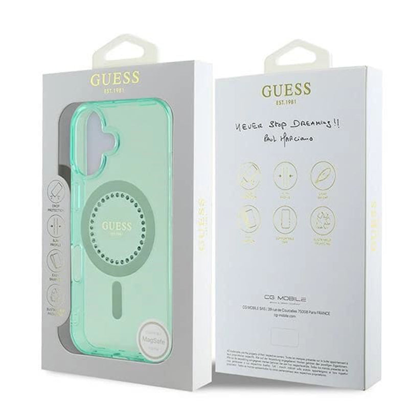 MagSafe Case for Apple iPhone 16, Guess, IML Rhinestone, Green