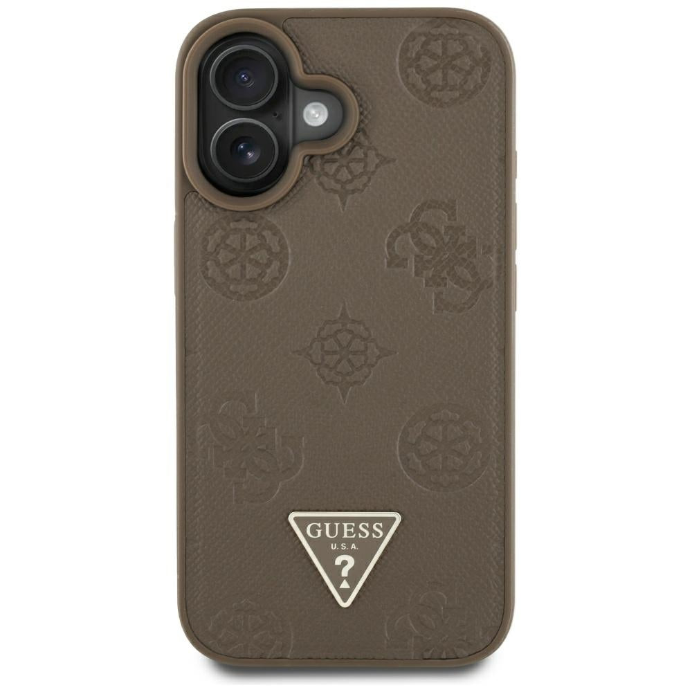 MagSafe Hülle für Apple iPhone 16, Guess, Peony Grained Hot Stamp Triangle, Braun