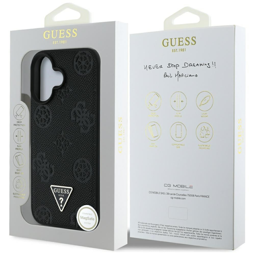 MagSafe Hülle für Apple iPhone 16, Guess, Peony Grained Hot Stamp Triangle, Schwarz