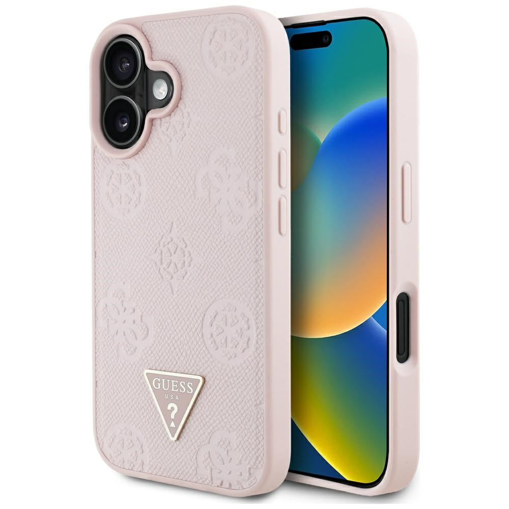 MagSafe Hülle für Apple iPhone 16, Guess, Peony Grained Hot Stamp Triangle, Rosa