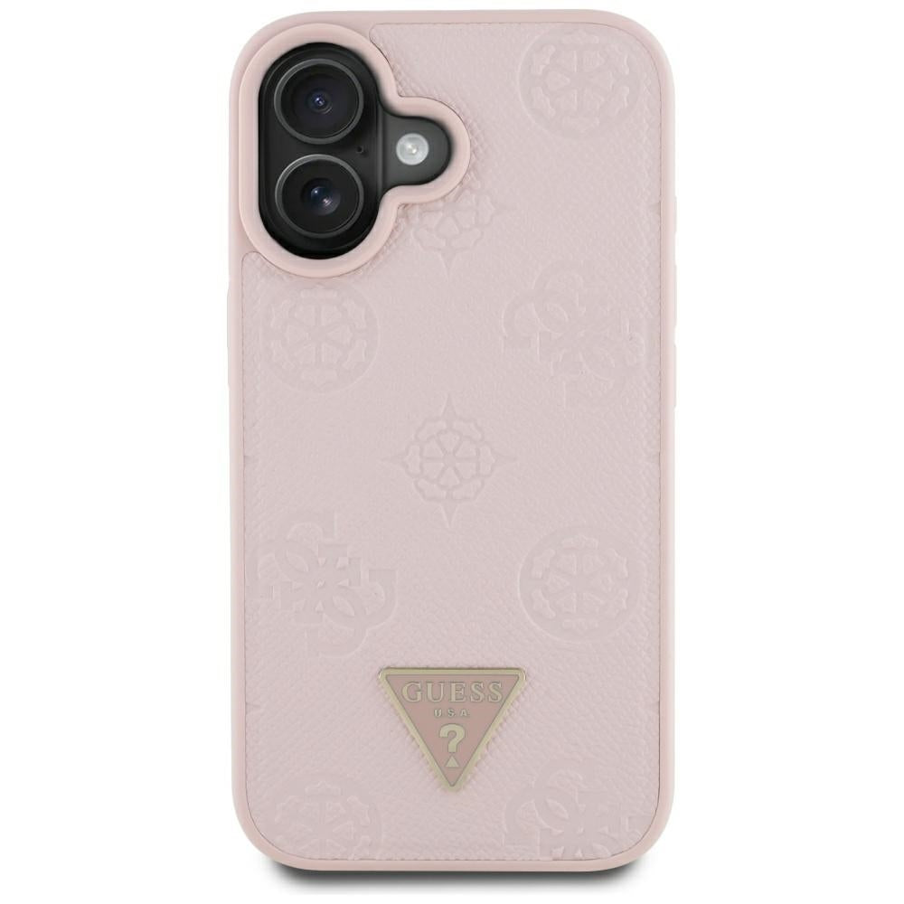 MagSafe Hülle für Apple iPhone 16, Guess, Peony Grained Hot Stamp Triangle, Rosa