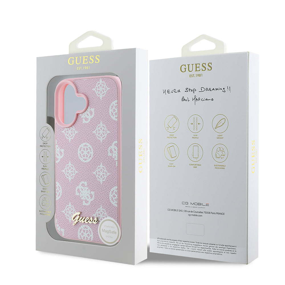 MagSafe Hülle für Apple iPhone 16, Guess, Peony Script, Rosa