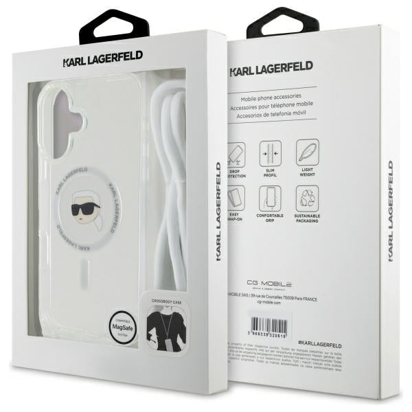 MagSafe Hülle für Apple iPhone 16, Karl Lagerfeld, IML Crossbody Karl's Head, Transparent