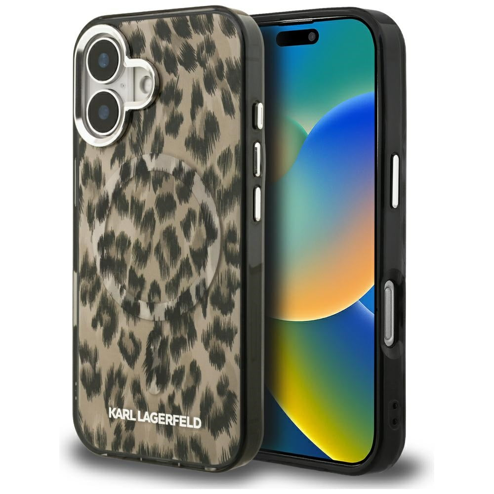MagSafe Hülle für Apple iPhone 16, Karl Lagerfeld, IML Leopard Muster, Braun