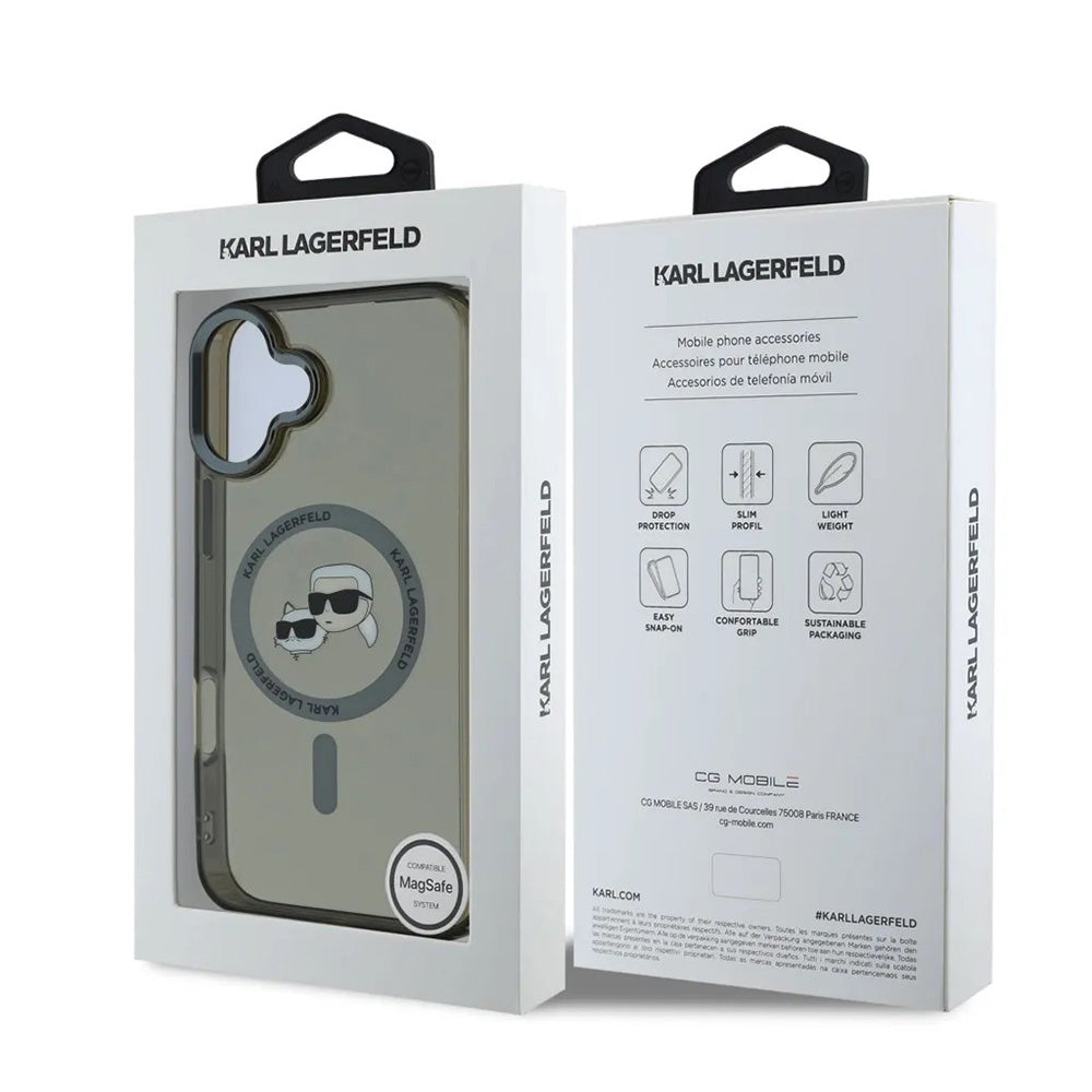 MagSafe Hülle für Apple iPhone 16, Karl Lagerfeld, IML Metal Karl & Choupette's Heads, Schwarz