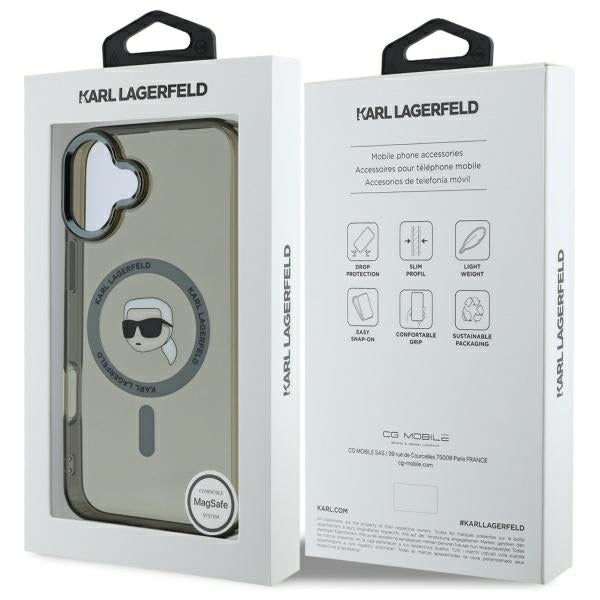 MagSafe Hülle für Apple iPhone 16, Karl Lagerfeld, IML Metal Karl's Head, Schwarz