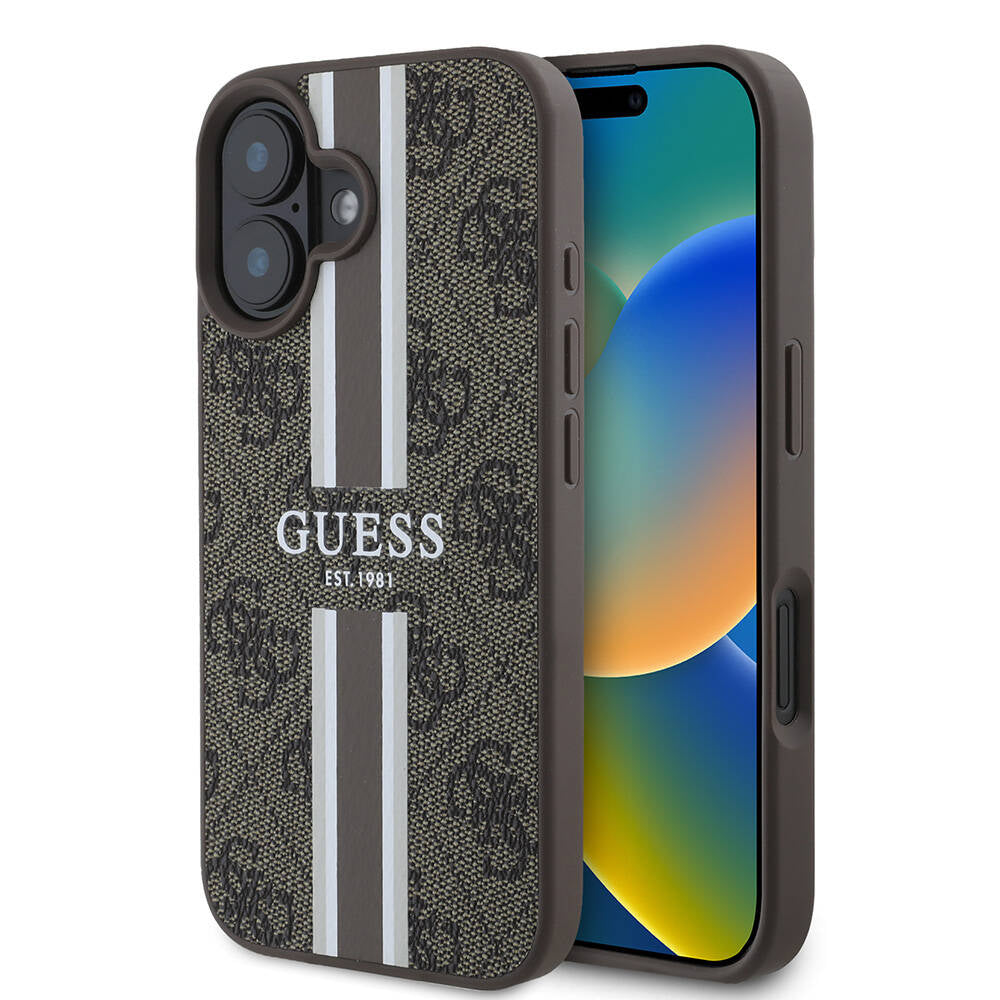 MagSafe Hülle für Apple iPhone 16 Plus, Guess, 4G Printed Stripes, Braun
