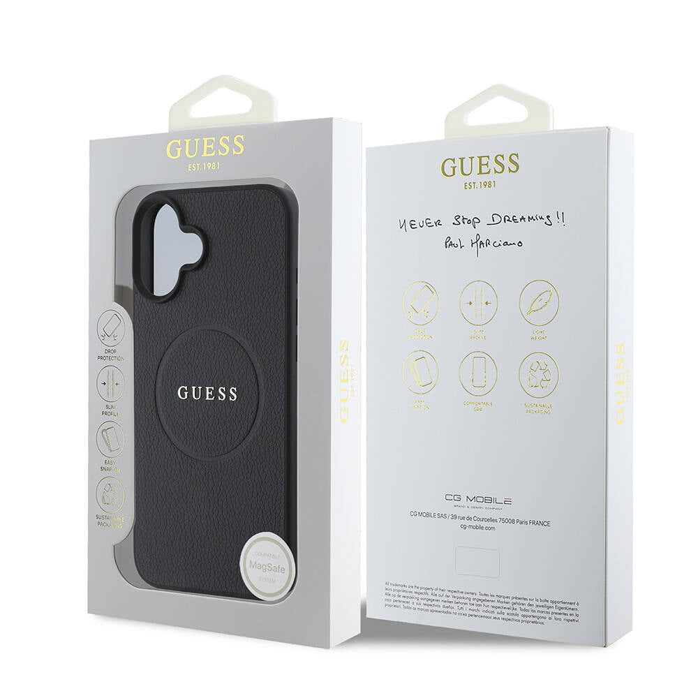 MagSafe Hülle für Apple iPhone 16 Plus, Guess, Grained Gold Ring, Schwarz