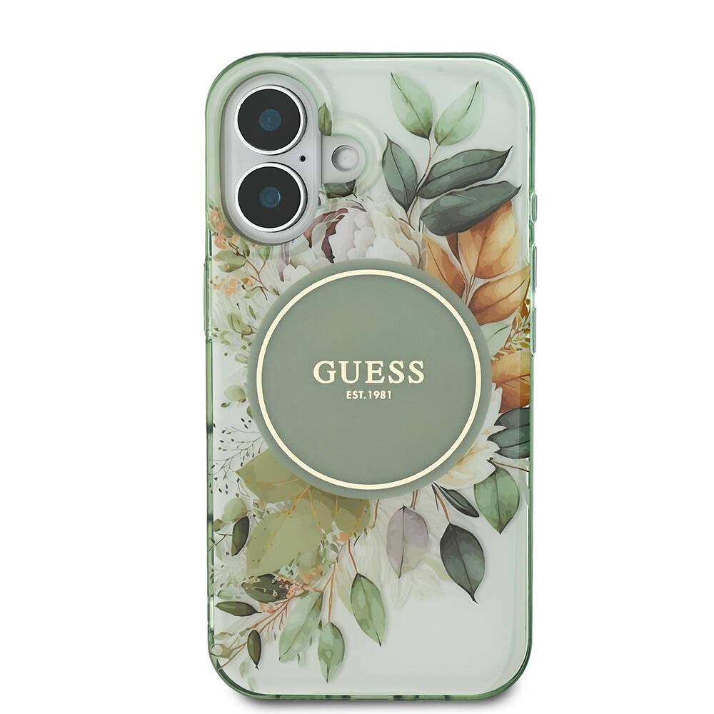 MagSafe Hülle für Apple iPhone 16 Plus, Guess, IML Flower & Tonal Circle, Grün