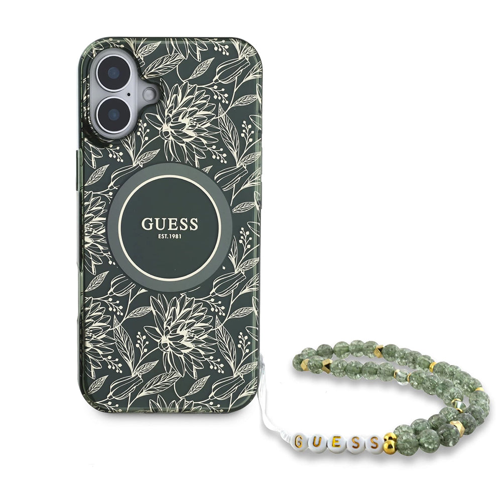 MagSafe Hülle für Apple iPhone 16 Plus, Guess, IML Flowers Allover Electroplated with Pearl Strap, Grün