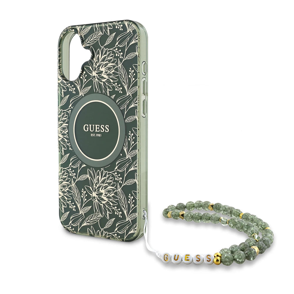 MagSafe Hülle für Apple iPhone 16 Plus, Guess, IML Flowers Allover Electroplated with Pearl Strap, Grün