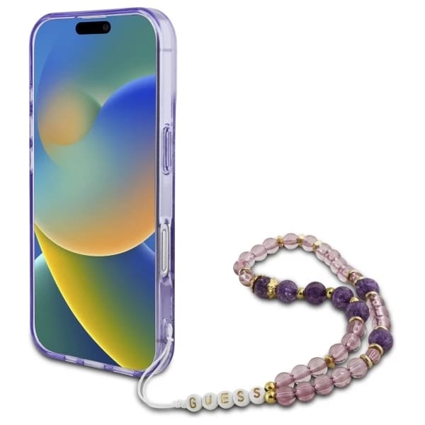 MagSafe Hülle für Apple iPhone 16 Plus, Guess, IML Flowers with Pearl Strap, Lila