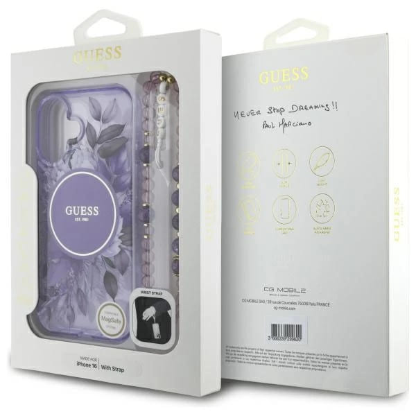MagSafe Hülle für Apple iPhone 16 Plus, Guess, IML Flowers with Pearl Strap, Lila
