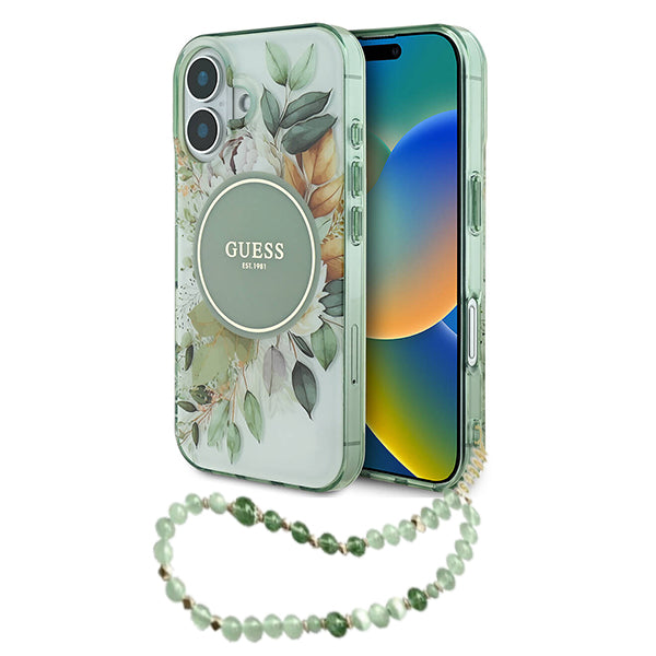 MagSafe Hülle für Apple iPhone 16 Plus, Guess, IML Flowers with Pearl Strap, Grün