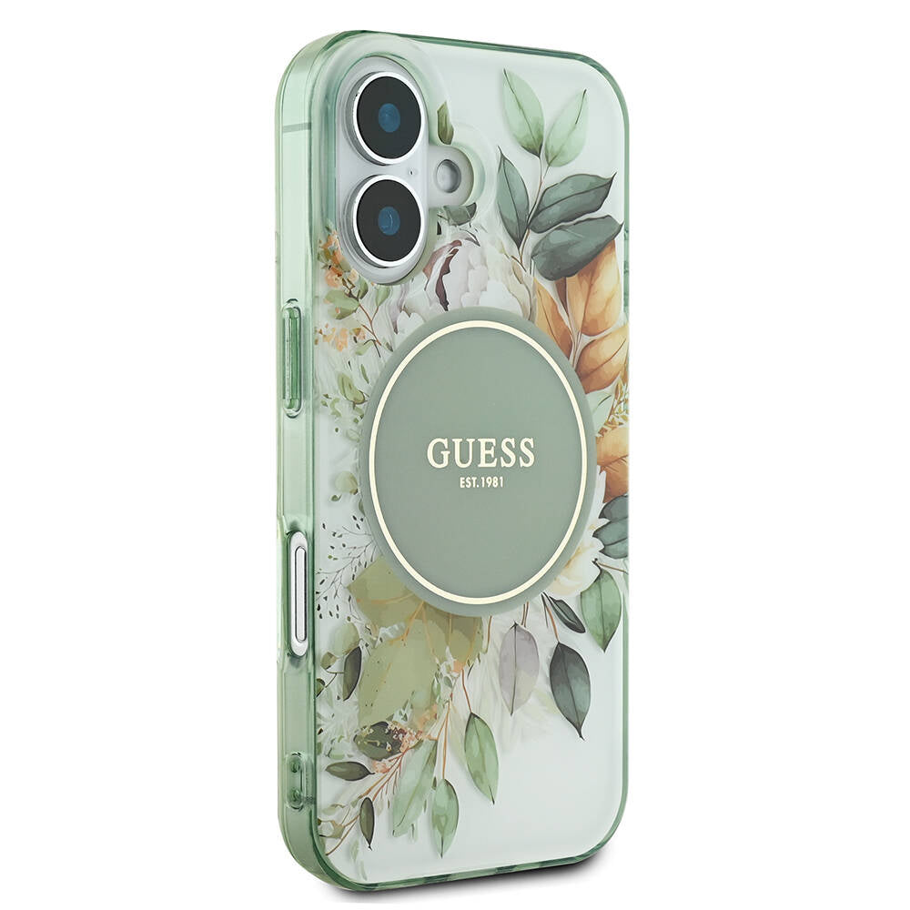 MagSafe Hülle für Apple iPhone 16 Plus, Guess, IML Flowers with Pearl Strap, Grün