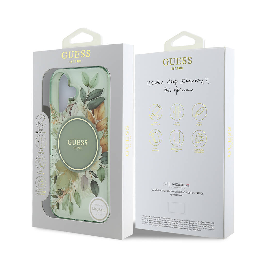 MagSafe Hülle für Apple iPhone 16 Plus, Guess, IML Flowers with Pearl Strap, Grün