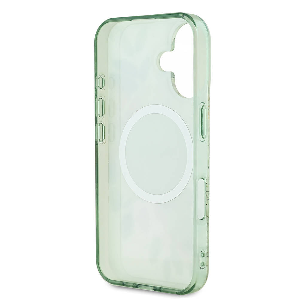 MagSafe Hülle für Apple iPhone 16 Plus, Guess, IML Flowers with Pearl Strap, Grün