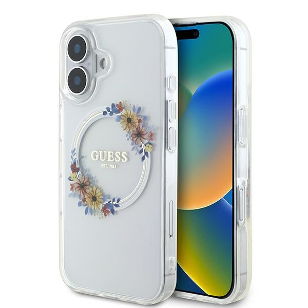 MagSafe Hülle für Apple iPhone 16 Plus, Guess, IML Flowers Wreath, Transparent