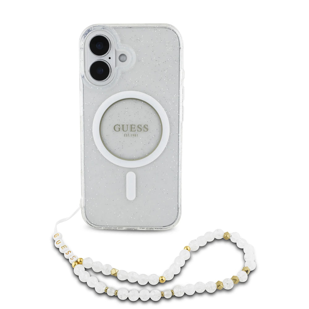 MagSafe Hülle für Apple iPhone 16 Plus, Guess, IML Glitter mit Perlengurt, Transparent