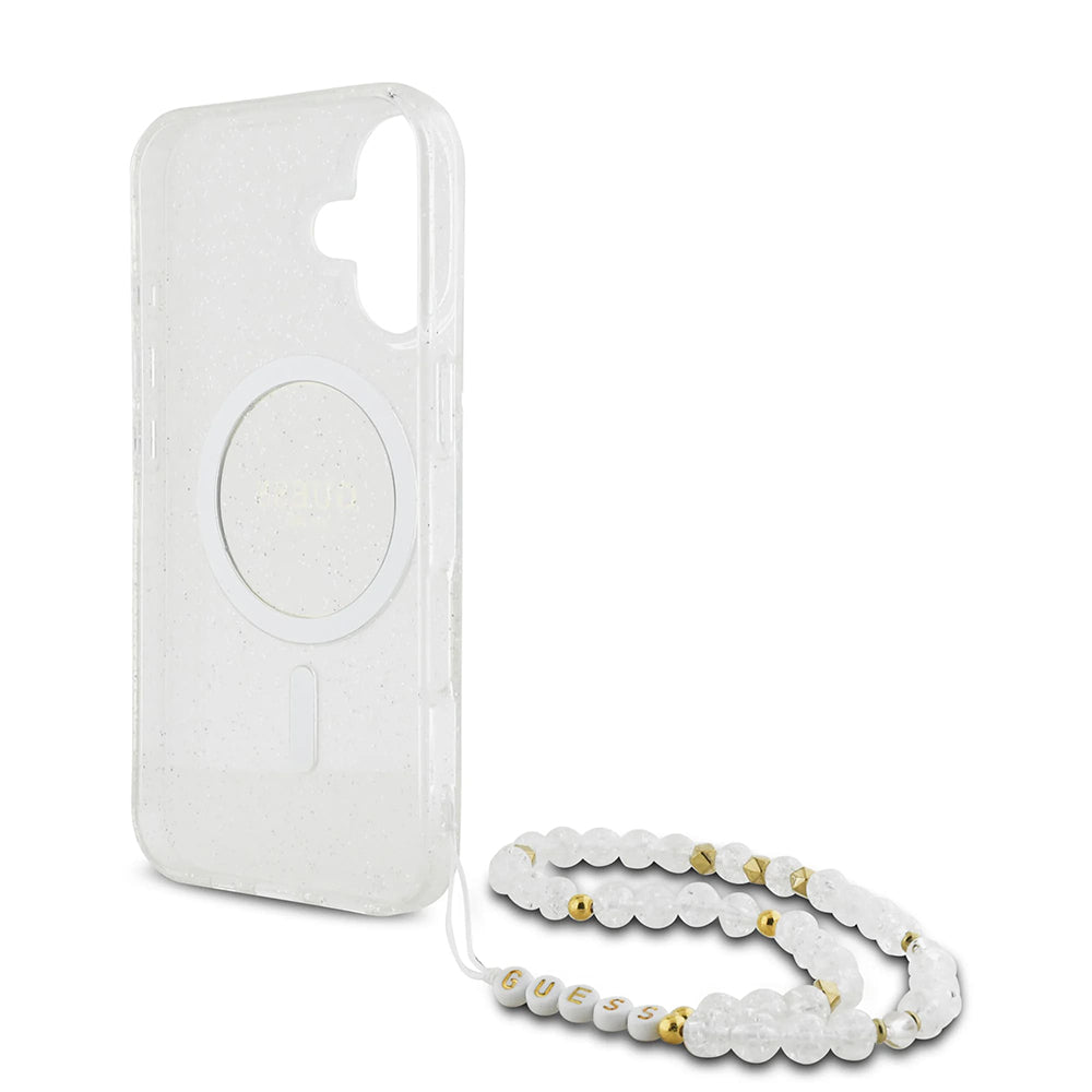 MagSafe Hülle für Apple iPhone 16 Plus, Guess, IML Glitter mit Perlengurt, Transparent