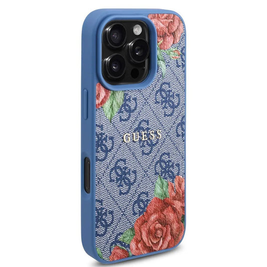 MagSafe Hülle für Apple iPhone 16 Pro, Guess, 4G Flowers Print, Blau