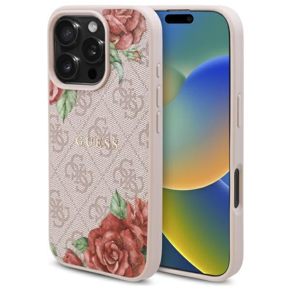 MagSafe Hülle für Apple iPhone 16 Pro, Guess, 4G Flowers Print, Rosa
