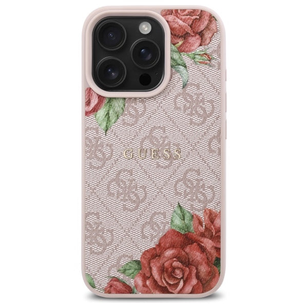 MagSafe Hülle für Apple iPhone 16 Pro, Guess, 4G Flowers Print, Rosa