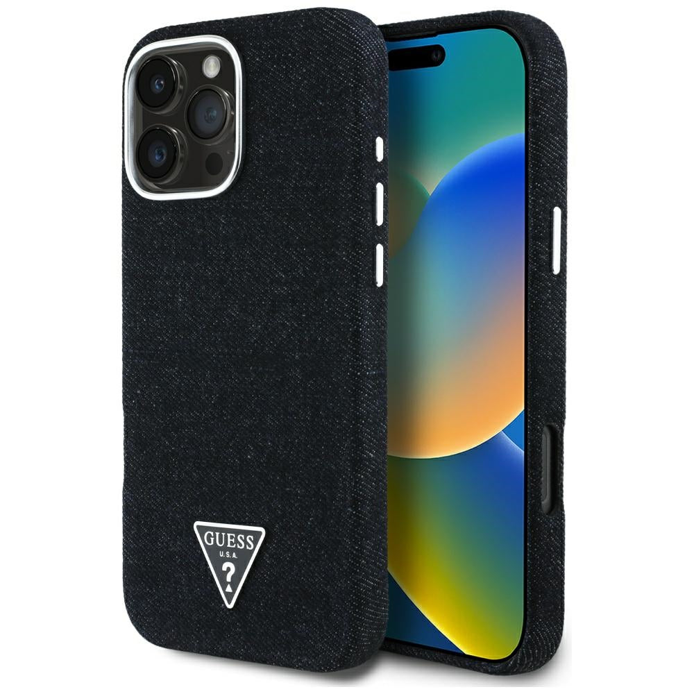 MagSafe Case for Apple iPhone 16 Pro, Guess, Denim Triangle Logo, Black