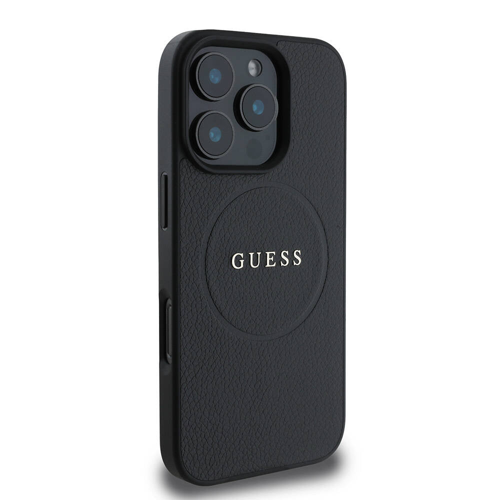 MagSafe Case for Apple iPhone 16 Pro, Guess, Grained Gold Ring, Black