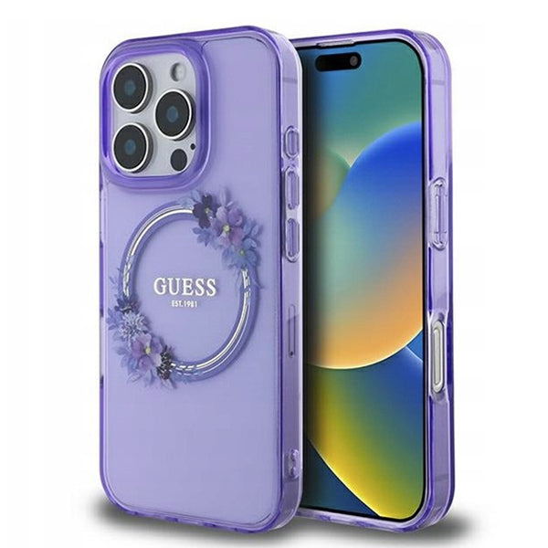 MagSafe Hülle für Apple iPhone 16 Pro, Guess, IML Flowers Wreath, Lila