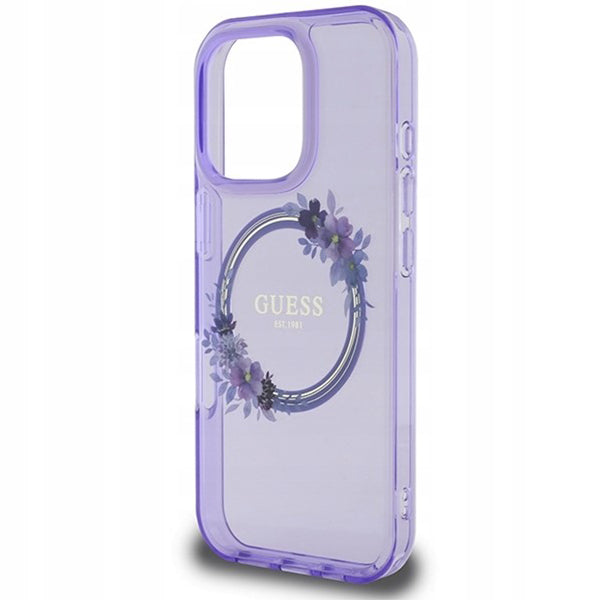 MagSafe Hülle für Apple iPhone 16 Pro, Guess, IML Flowers Wreath, Lila