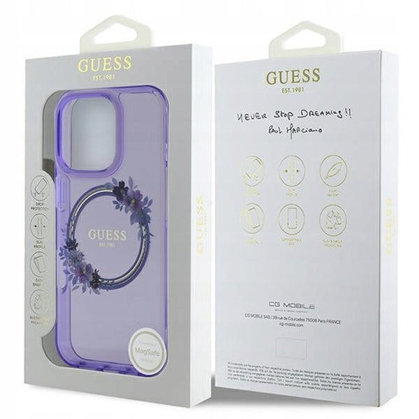 MagSafe Hülle für Apple iPhone 16 Pro, Guess, IML Flowers Wreath, Lila