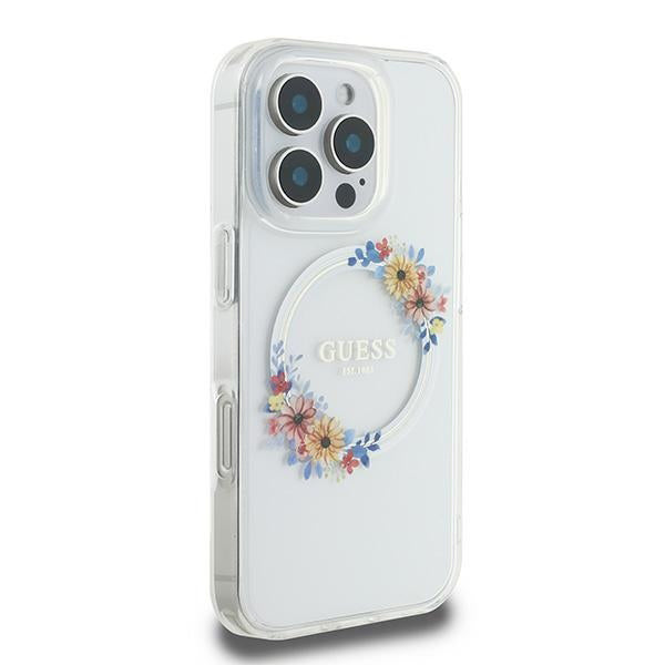 MagSafe Hülle für Apple iPhone 16 Pro, Guess, IML Flowers Wreath, Transparent