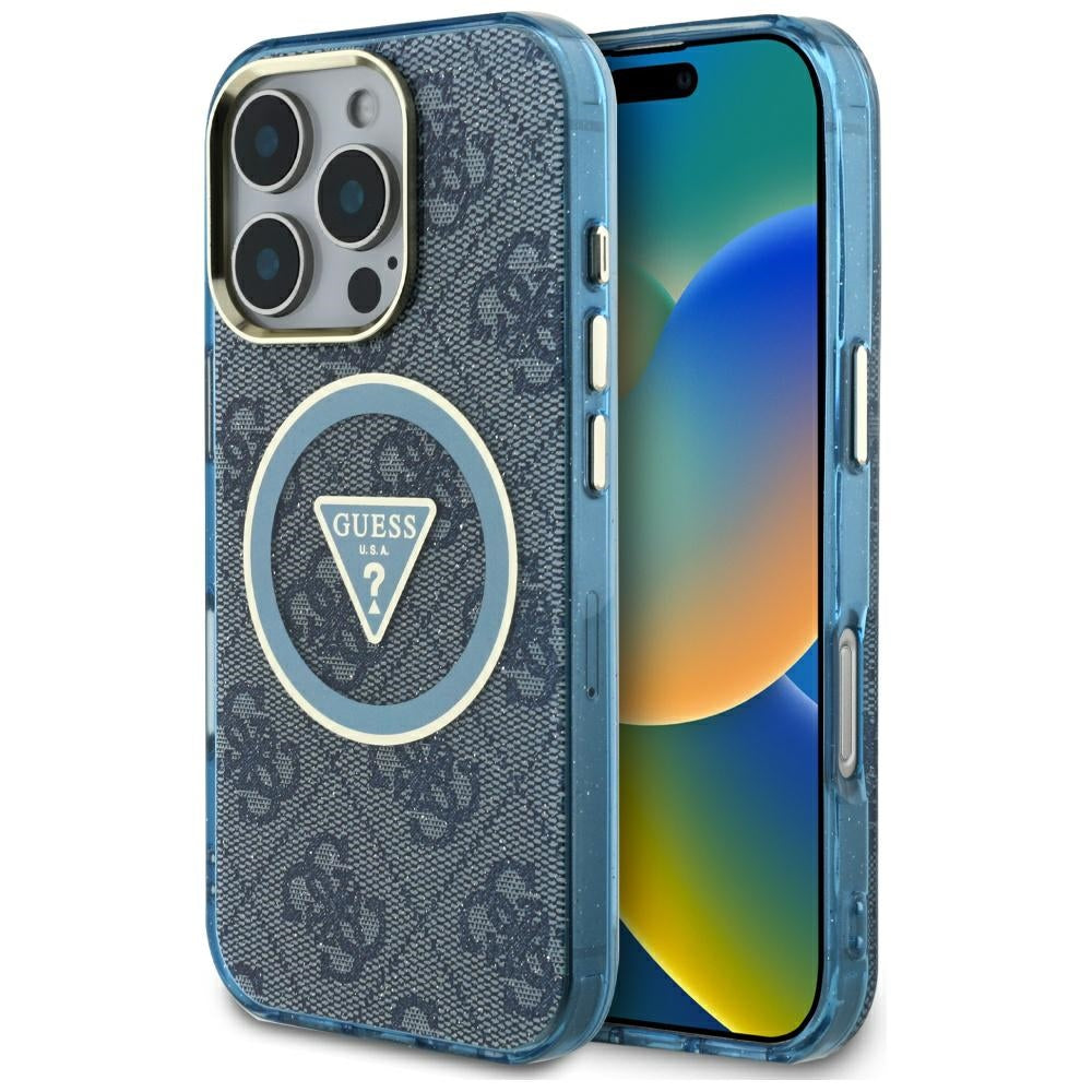 MagSafe Hülle für Apple iPhone 16 Pro, Guess, IML Glitter 4G Circle Triangle, Blau