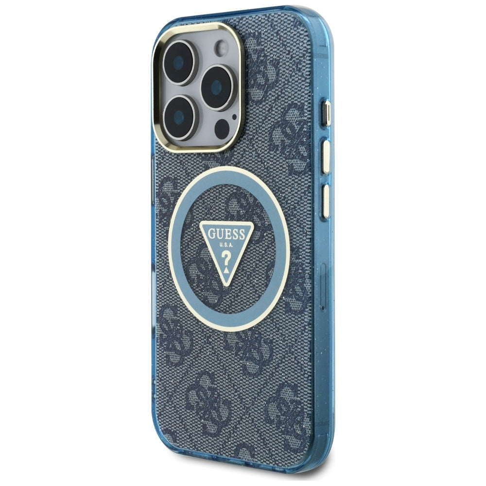 MagSafe Hülle für Apple iPhone 16 Pro, Guess, IML Glitter 4G Circle Triangle, Blau