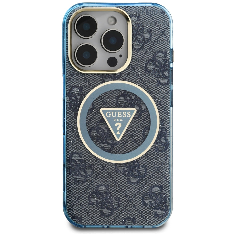 MagSafe Hülle für Apple iPhone 16 Pro, Guess, IML Glitter 4G Circle Triangle, Blau