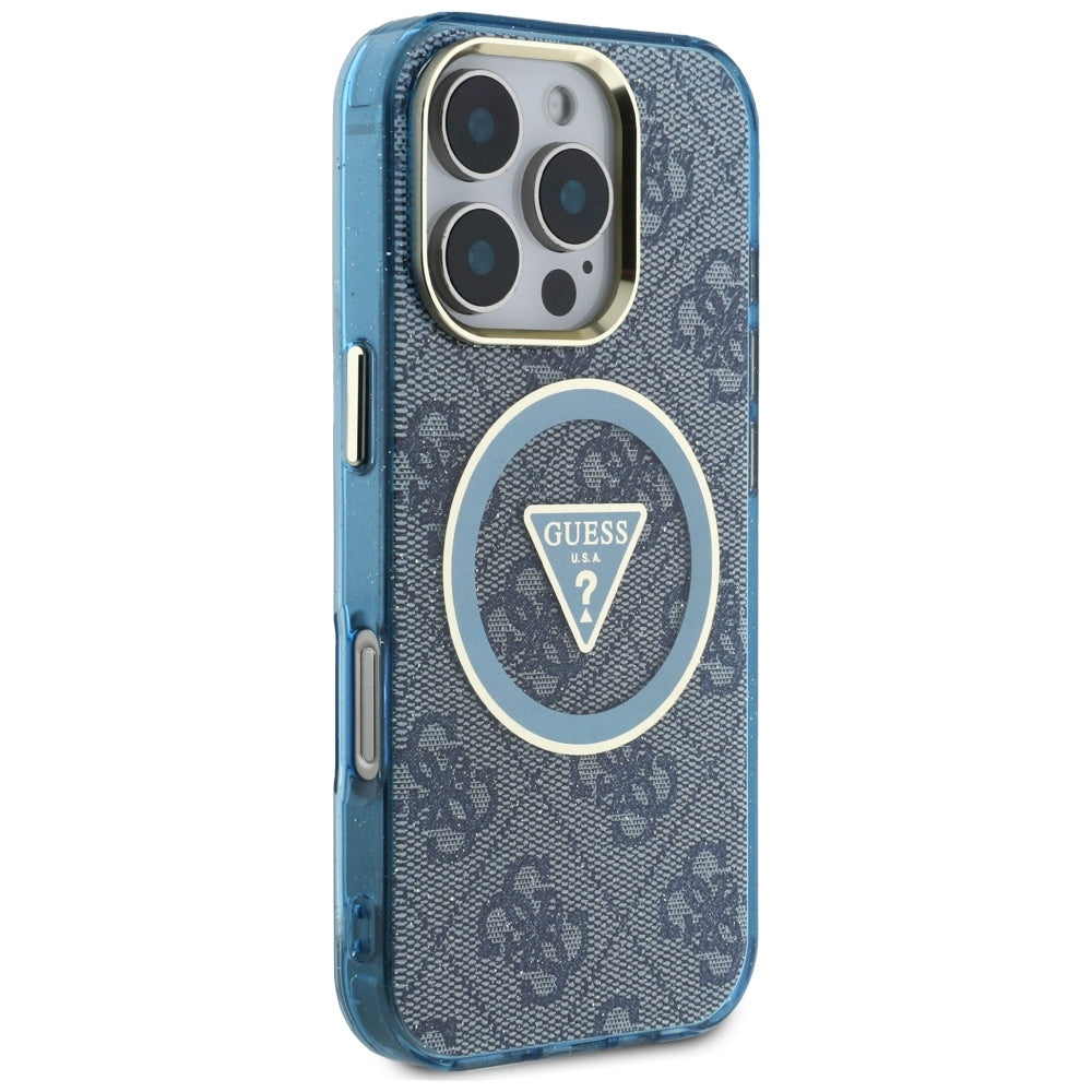 MagSafe Hülle für Apple iPhone 16 Pro, Guess, IML Glitter 4G Circle Triangle, Blau