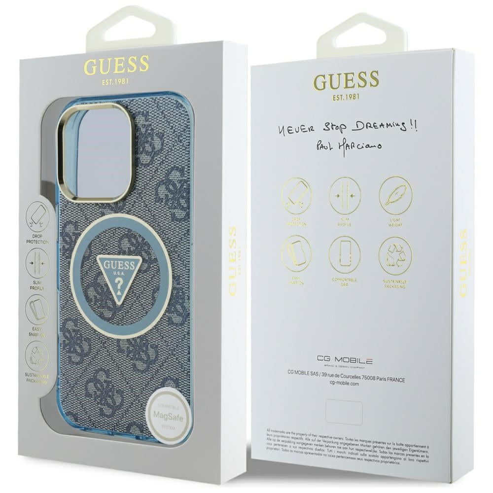 MagSafe Hülle für Apple iPhone 16 Pro, Guess, IML Glitter 4G Circle Triangle, Blau