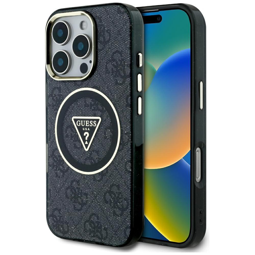 MagSafe Hülle für Apple iPhone 16 Pro, Guess, IML Glitter 4G Circle Triangle, Schwarz