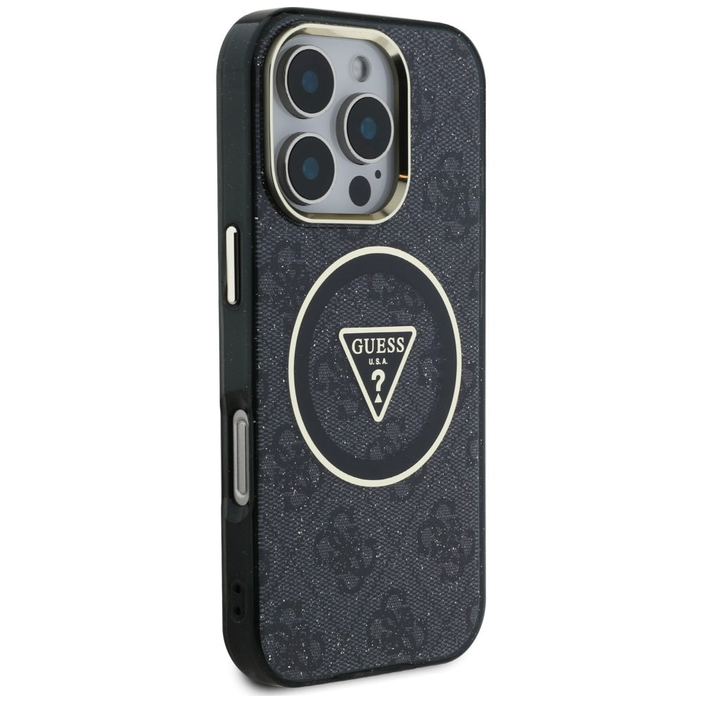 MagSafe Hülle für Apple iPhone 16 Pro, Guess, IML Glitter 4G Circle Triangle, Schwarz