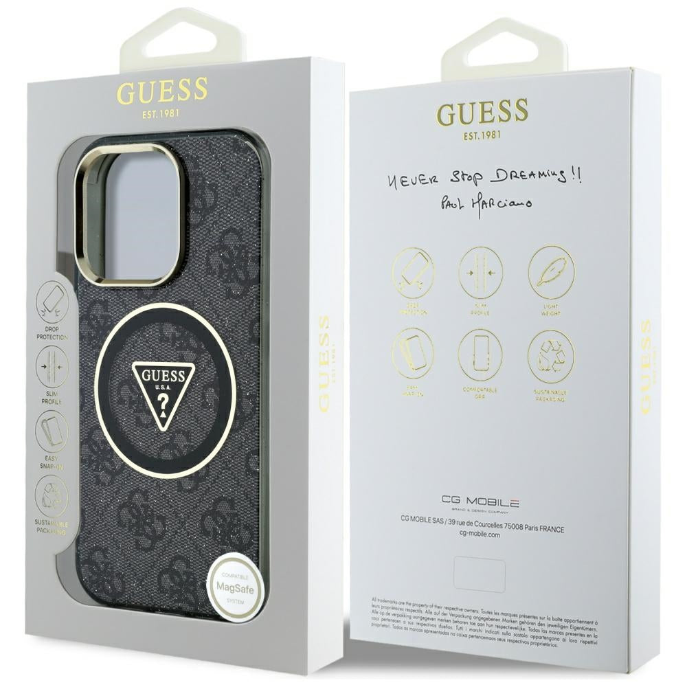 MagSafe Hülle für Apple iPhone 16 Pro, Guess, IML Glitter 4G Circle Triangle, Schwarz